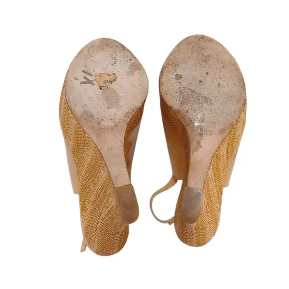 Gucci Patent Leather Strafish Raffia Wedge Slingback Sz 39.5 Tan Beige Vernice